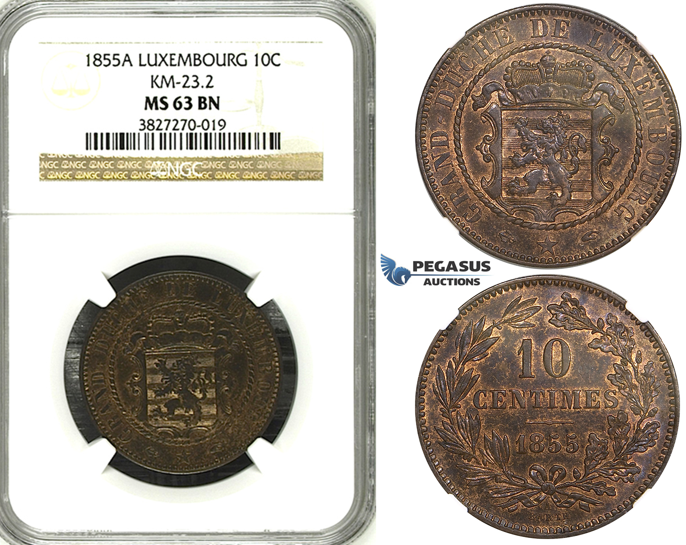 ZH45, Luxembourg, William III, 10 Centimes 1855-A, Paris, NGC MS63BN