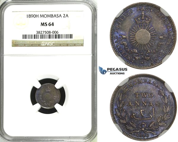 ZH46, Mombasa, 2 Annas 1890-H, Heaton, Silver, NGC MS64 (Violet toning)