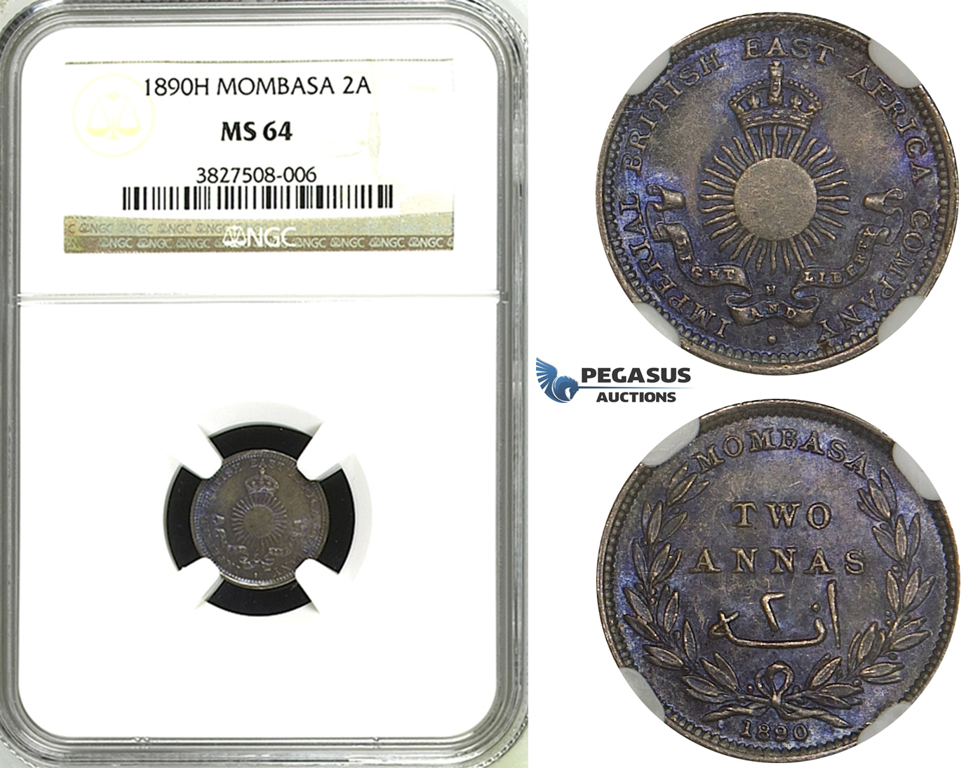 ZH46, Mombasa, 2 Annas 1890-H, Heaton, Silver, NGC MS64 (Violet toning)