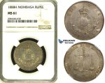 ZH47, Mombasa, 1 Rupee 1888-H, Heaton, Silver, NGC MS61