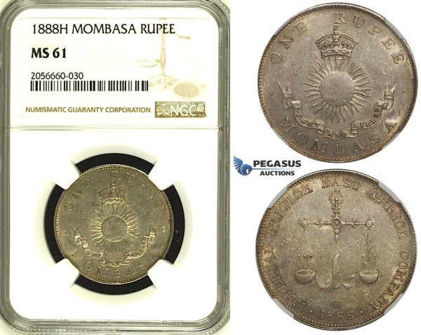 ZH47, Mombasa, 1 Rupee 1888-H, Heaton, Silver, NGC MS61