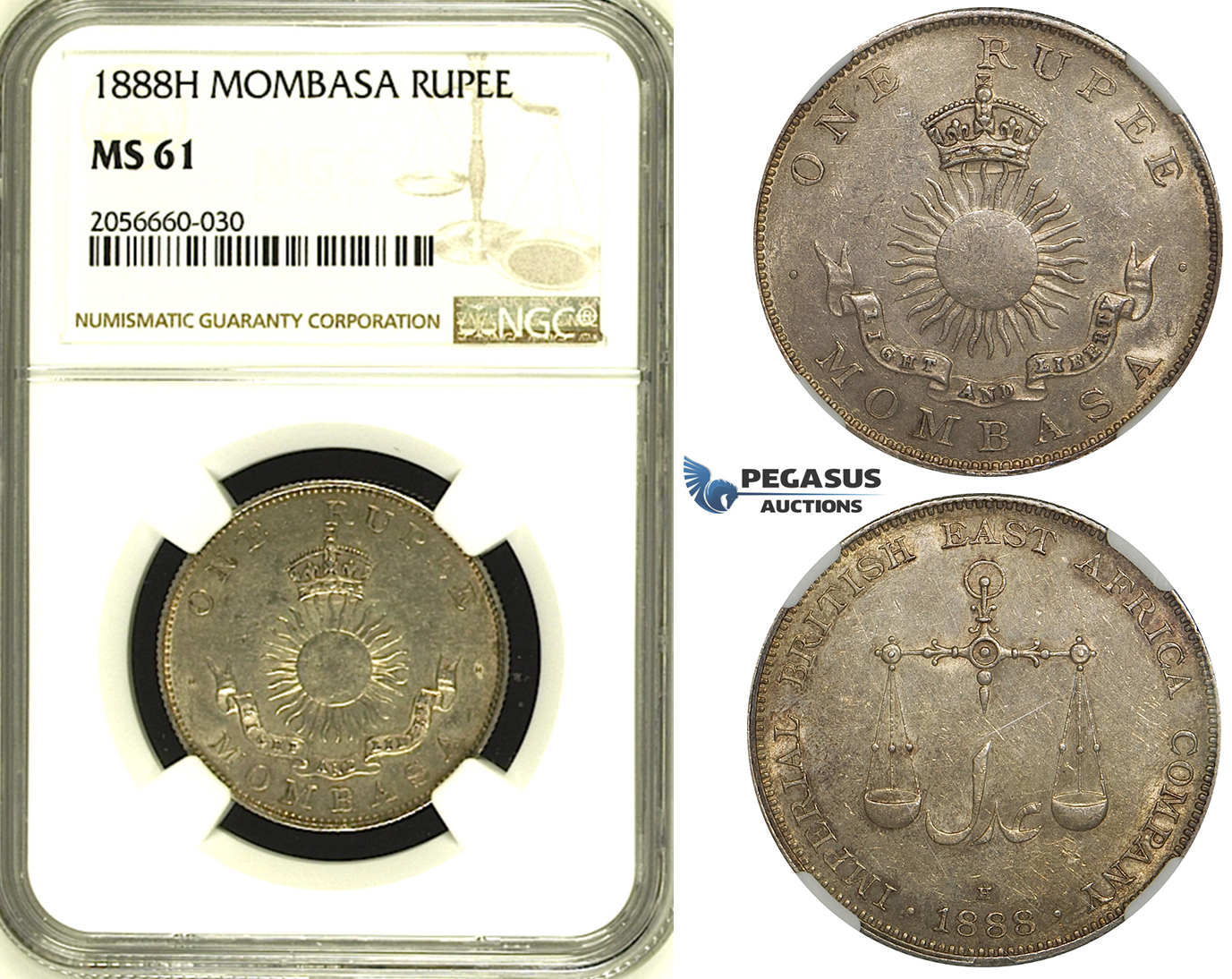 ZH47, Mombasa, 1 Rupee 1888-H, Heaton, Silver, NGC MS61