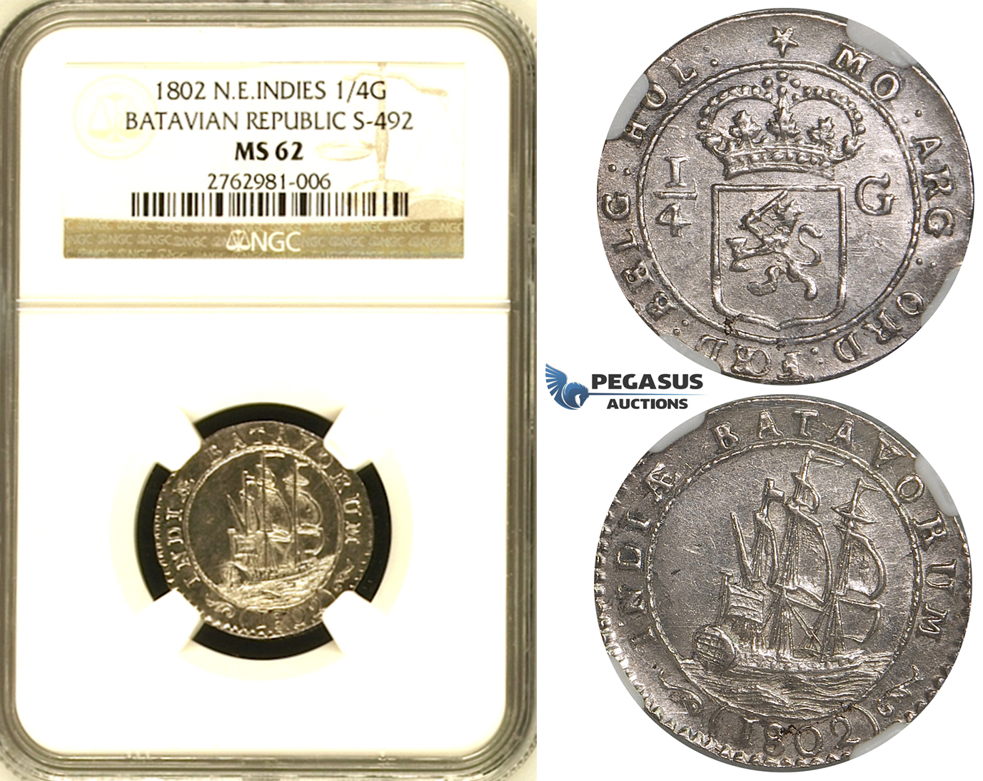 ZH48, Netherlands East Indies (Batavian Republic) 1/4 Gulden 1802, Silver, NGC MS62