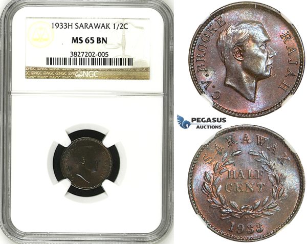 ZH76, Sarawak, C.V. Brooke Rajah, 1/2 Cent 1933-H, Heaton, NGC MS65BN