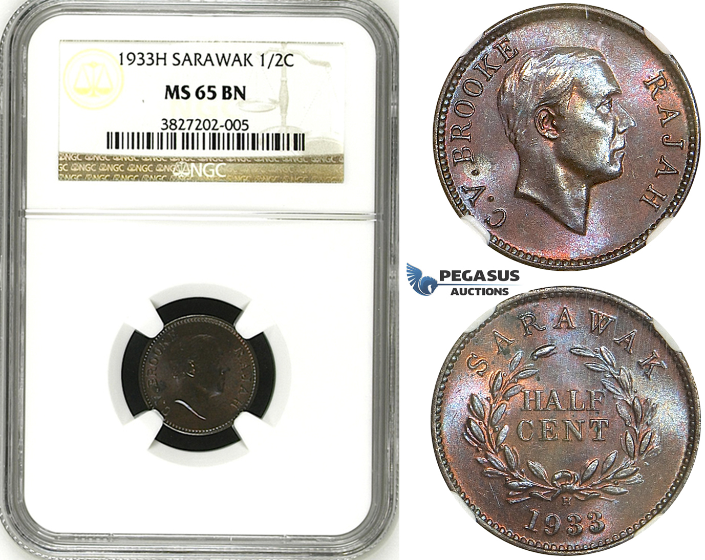 ZH76, Sarawak, C.V. Brooke Rajah, 1/2 Cent 1933-H, Heaton, NGC MS65BN