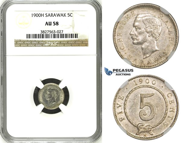 ZH78, Sarawak, C. Brooke Rajah, 5 Cents 1900-H, Heaton, Silver, NGC AU58
