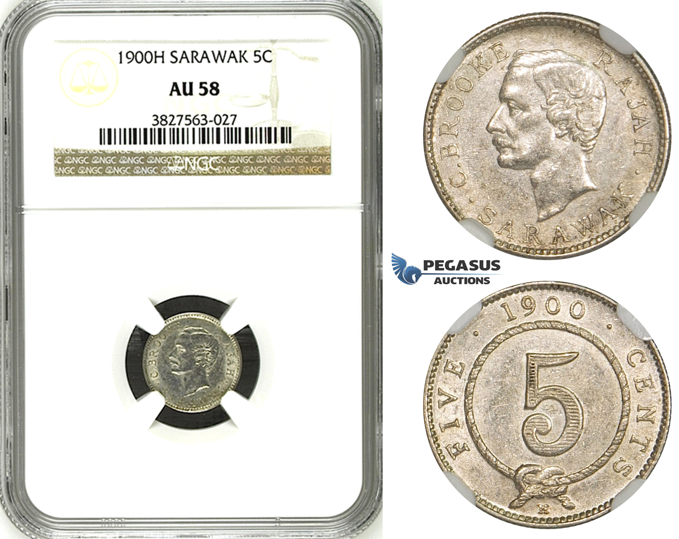 ZH78, Sarawak, C. Brooke Rajah, 5 Cents 1900-H, Heaton, Silver, NGC AU58