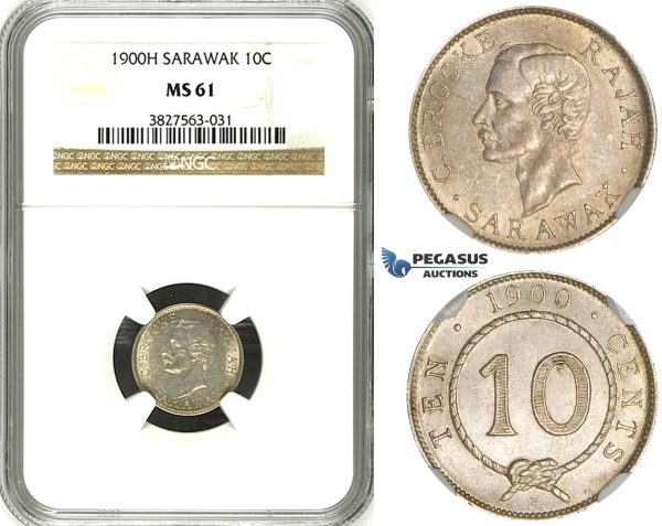 ZH79, Sarawak, C. Brooke Rajah, 10 Cents 1900-H, Heaton, Silver, NGC MS61