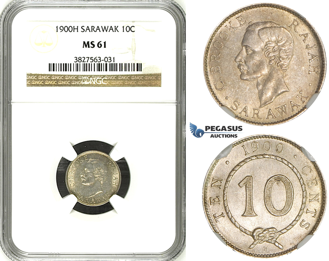 ZH79, Sarawak, C. Brooke Rajah, 10 Cents 1900-H, Heaton, Silver, NGC MS61