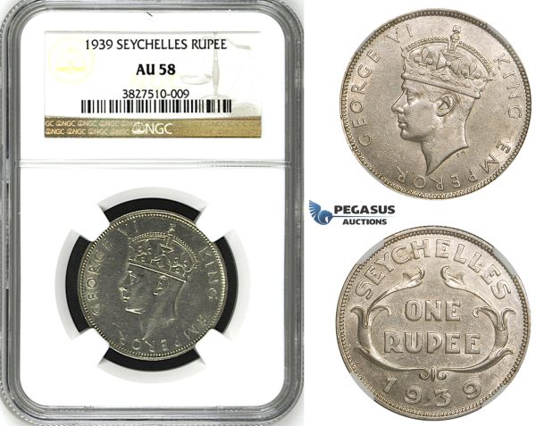 ZH80, Seychelles, George VI, Rupee 1939, Silver, NGC AU58