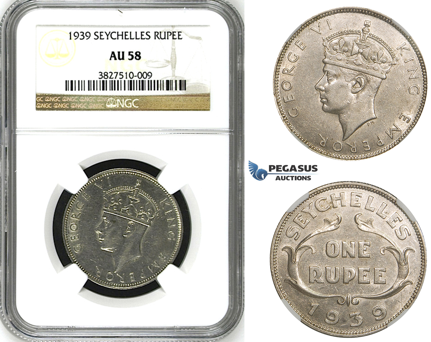 ZH80, Seychelles, George VI, Rupee 1939, Silver, NGC AU58