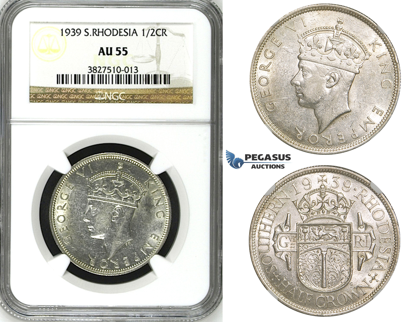 ZH84, Southern Rhodesia, George VI, 1/2 Crown 1939, Silver, NGC AU55
