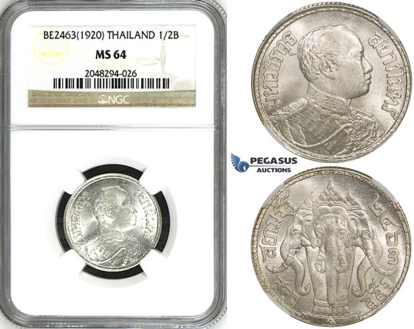 ZH95, Thailand, Rama VI, 1/2 Baht BE2463 (1920) Silver, NGC MS64