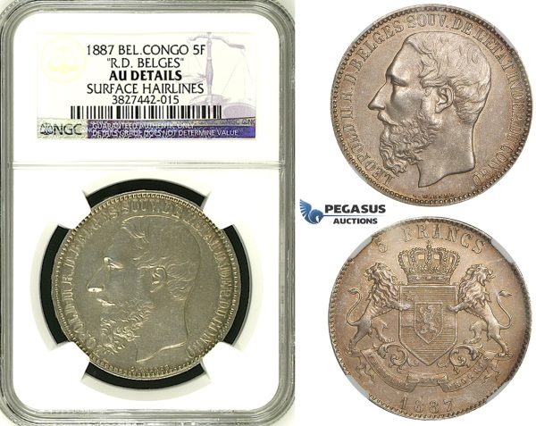 ZI03, Belgian Congo, Leopold II, 5 Francs 1887, Silver "R.D. Belges" NGC AU (Looks UNC)