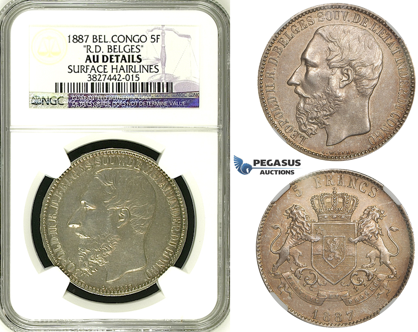 ZI03, Belgian Congo, Leopold II, 5 Francs 1887, Silver "R.D. Belges" NGC AU (Looks UNC)