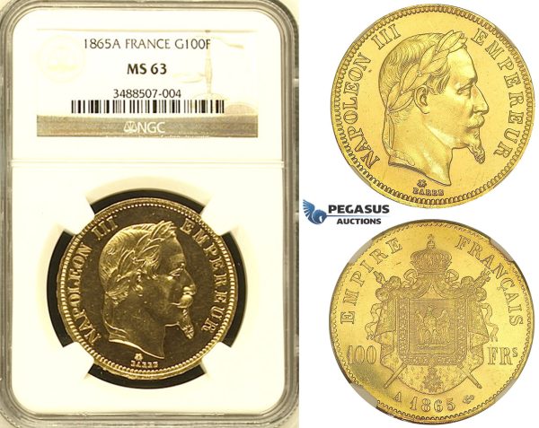 ZI06, France, Napoleon III, 100 Francs 1865-A, Paris, Gold, NGC MS63 (Prooflike fields)
