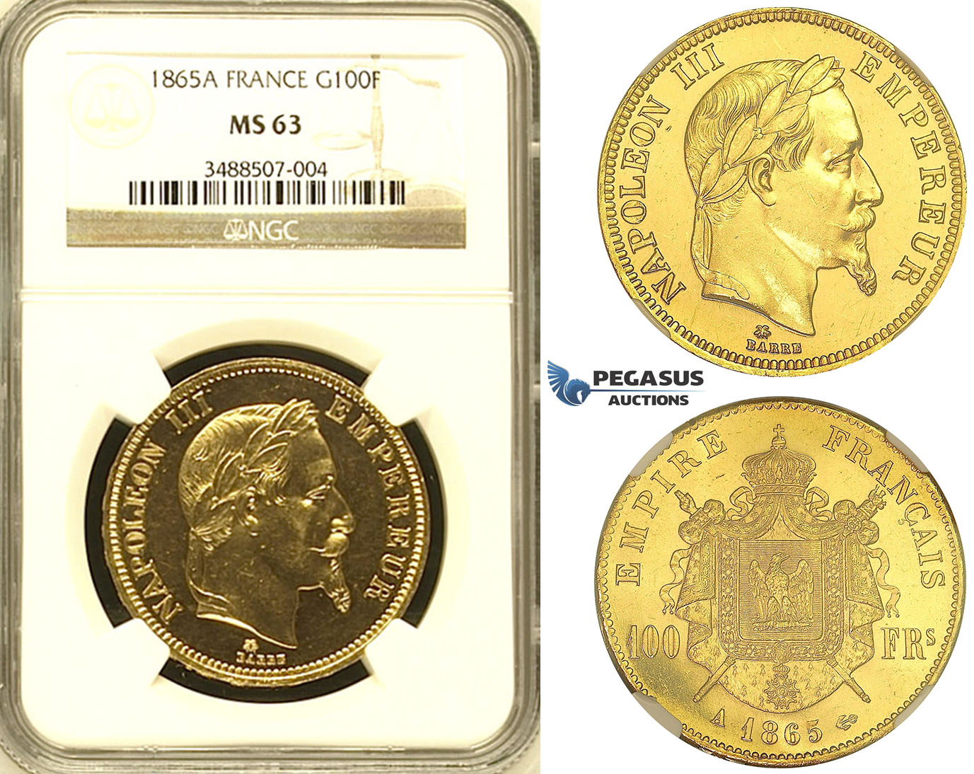 ZI06, France, Napoleon III, 100 Francs 1865-A, Paris, Gold, NGC MS63 (Prooflike fields)