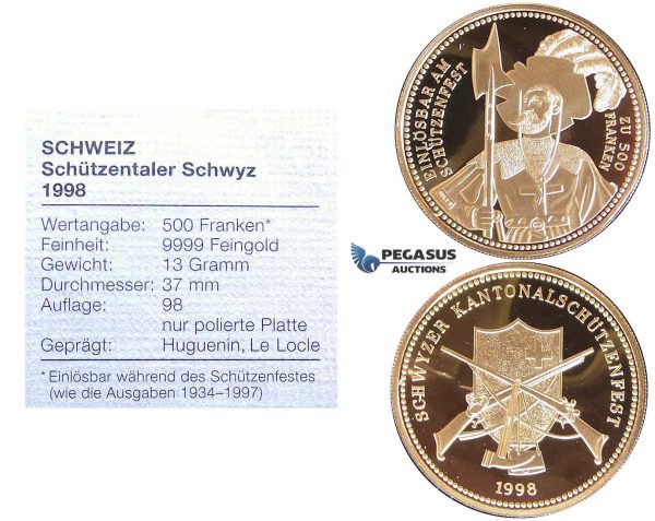 ZI12, Switzerland, Schwyz, 500 Francs 1998, Huguenin, Le Locle, Gold, Mintage 98pcs. Ch Proof, COA+Box