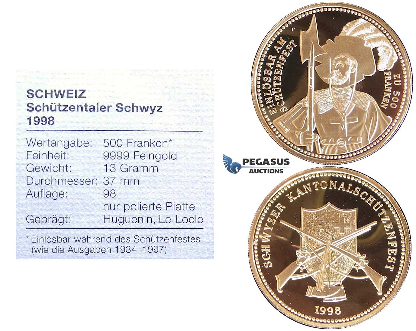ZI12, Switzerland, Schwyz, 500 Francs 1998, Huguenin, Le Locle, Gold, Mintage 98pcs. Ch Proof, COA+Box