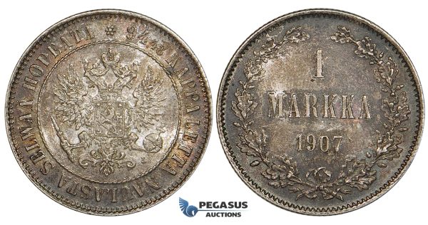 ZI14, Finland (under Russia) Nicholas II, 1 Markka 1907-L, Silver, Toned aUNC