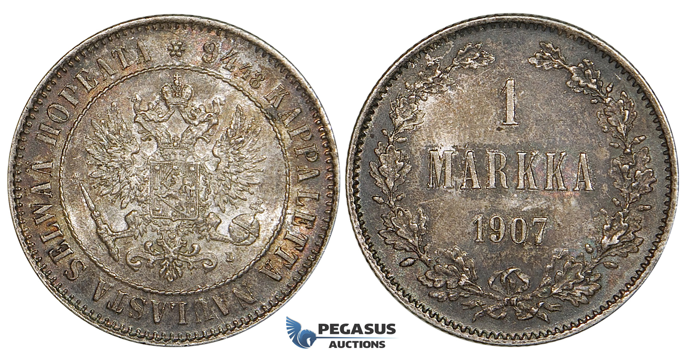 ZI14, Finland (under Russia) Nicholas II, 1 Markka 1907-L, Silver, Toned aUNC