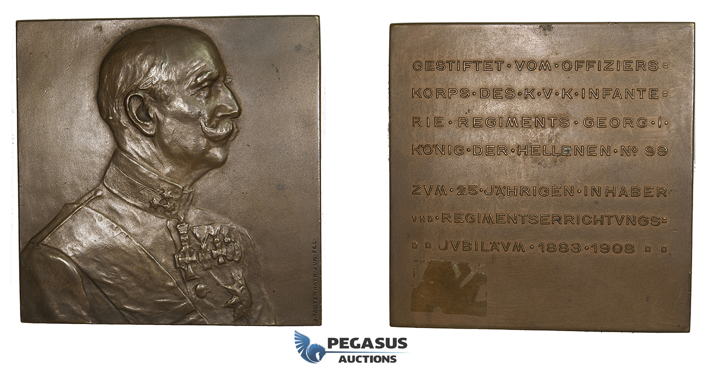 ZI22, Greece, George I, Bronze Medal Plaque 1908 (47mm, 144g) by J. Tautenhayn jun., Vienna, Rare!