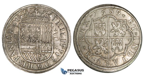 ZI27, Spain, Felipe II, 8 Reales 1589, Segovia, Silver (27.42g) Cal. 203, Lustrous aEF, Rare!