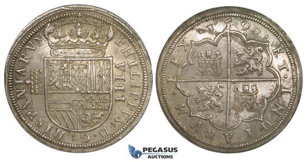 ZI28, Spain, Felipe II, 8 Reales 1590, Segovia, Silver (27.79g) Cal. 220, Lustrous EF-UNC (minor cleaning), Rare!