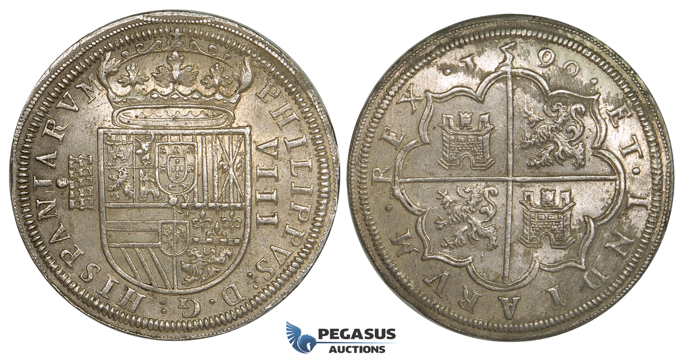 ZI28, Spain, Felipe II, 8 Reales 1590, Segovia, Silver (27.79g) Cal. 220, Lustrous EF-UNC (minor cleaning), Rare!