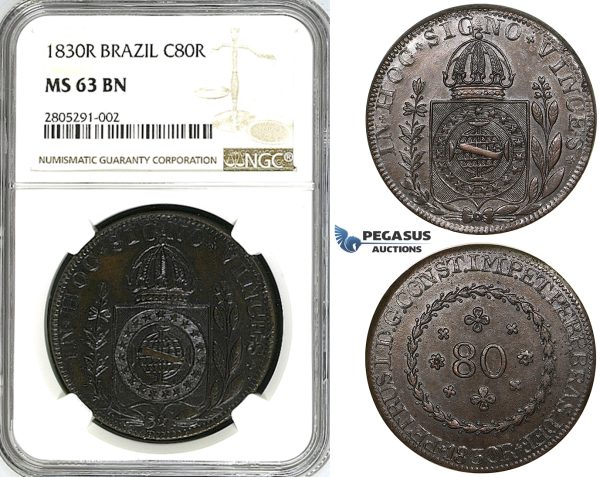 ZI30, Brazil, Pedro I, 80 Reis 1830-R, Rio de Janeiro, NGC MS63BN