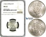 ZI35, Cyprus, George VI, 9 Piastres 1940, London, Silver, NGC MS62