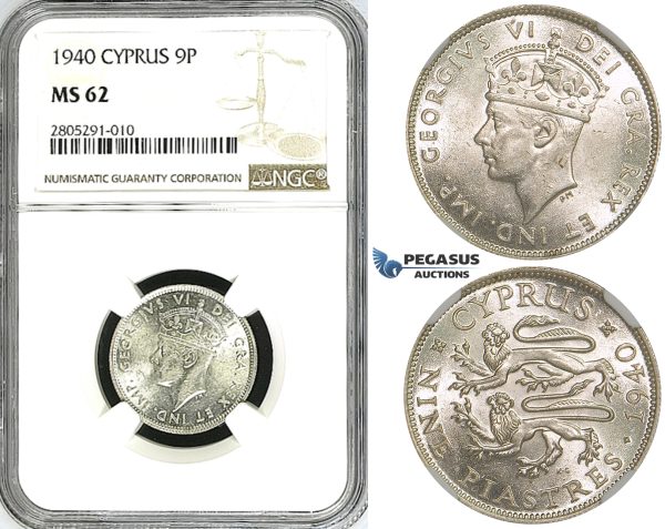 ZI35, Cyprus, George VI, 9 Piastres 1940, London, Silver, NGC MS62