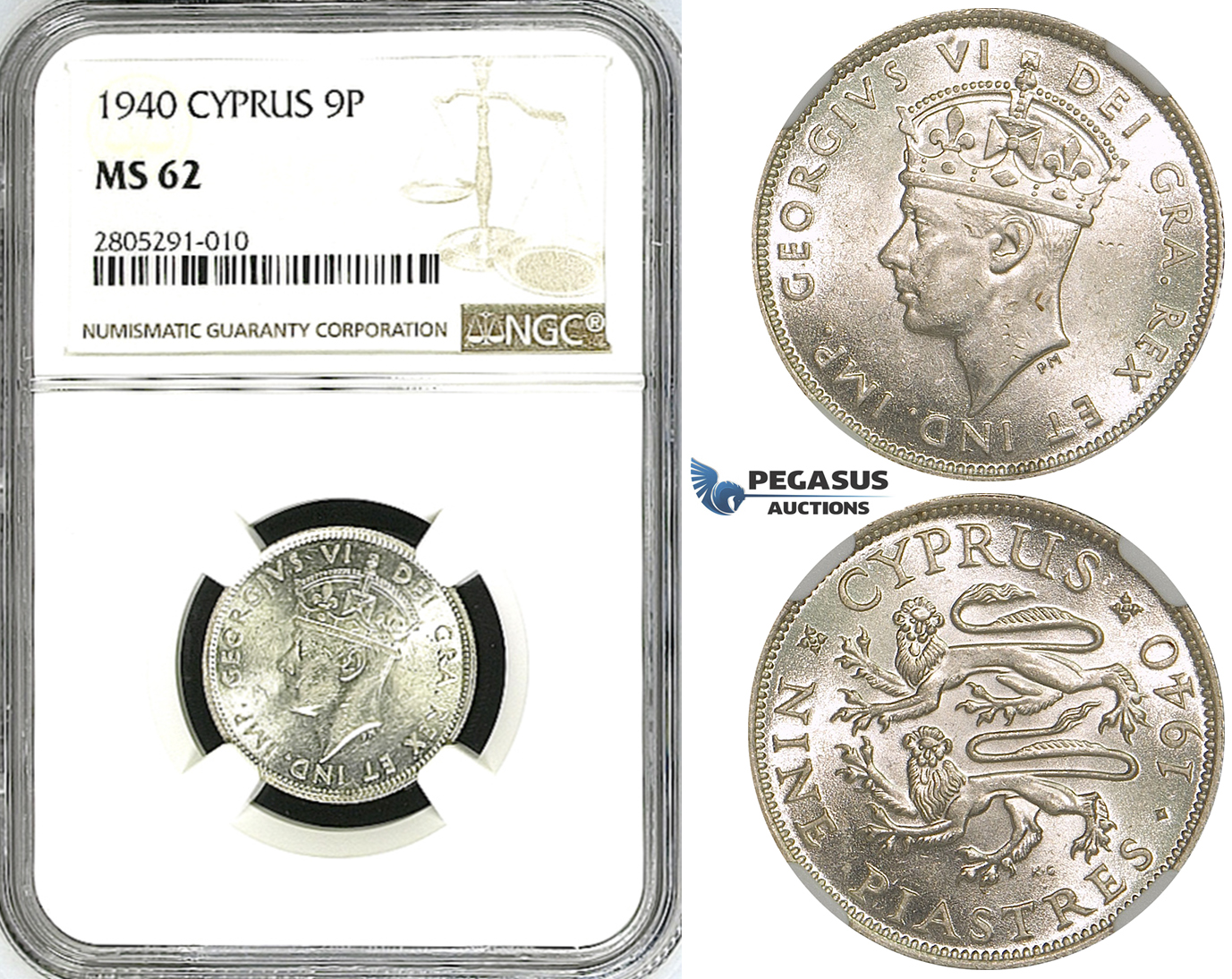ZI35, Cyprus, George VI, 9 Piastres 1940, London, Silver, NGC MS62