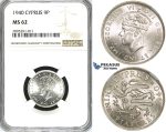 ZI36, Cyprus, George VI, 9 Piastres 1940, London, Silver, NGC MS62
