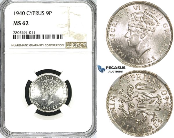ZI36, Cyprus, George VI, 9 Piastres 1940, London, Silver, NGC MS62