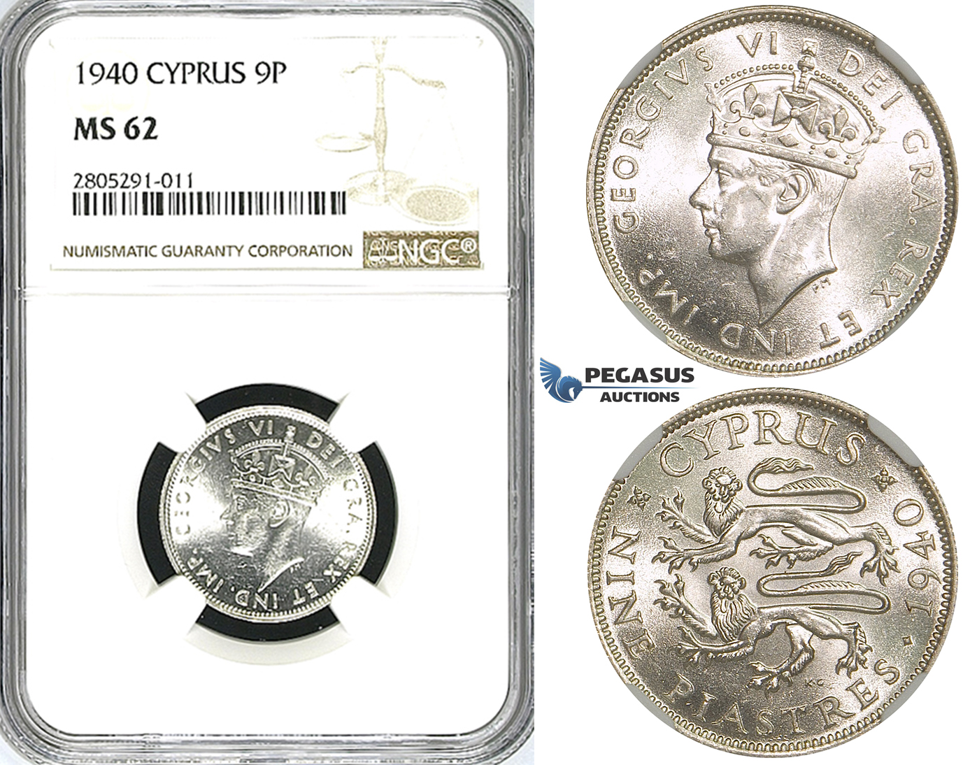 ZI36, Cyprus, George VI, 9 Piastres 1940, London, Silver, NGC MS62