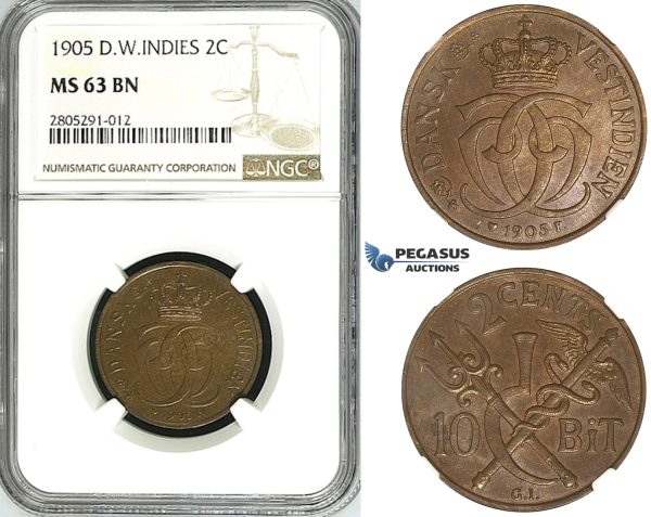 ZI37, Danish West Indies, Christian IX, 2 Cents (10 Bit) 1905, Copenhagen, NGC MS63BN