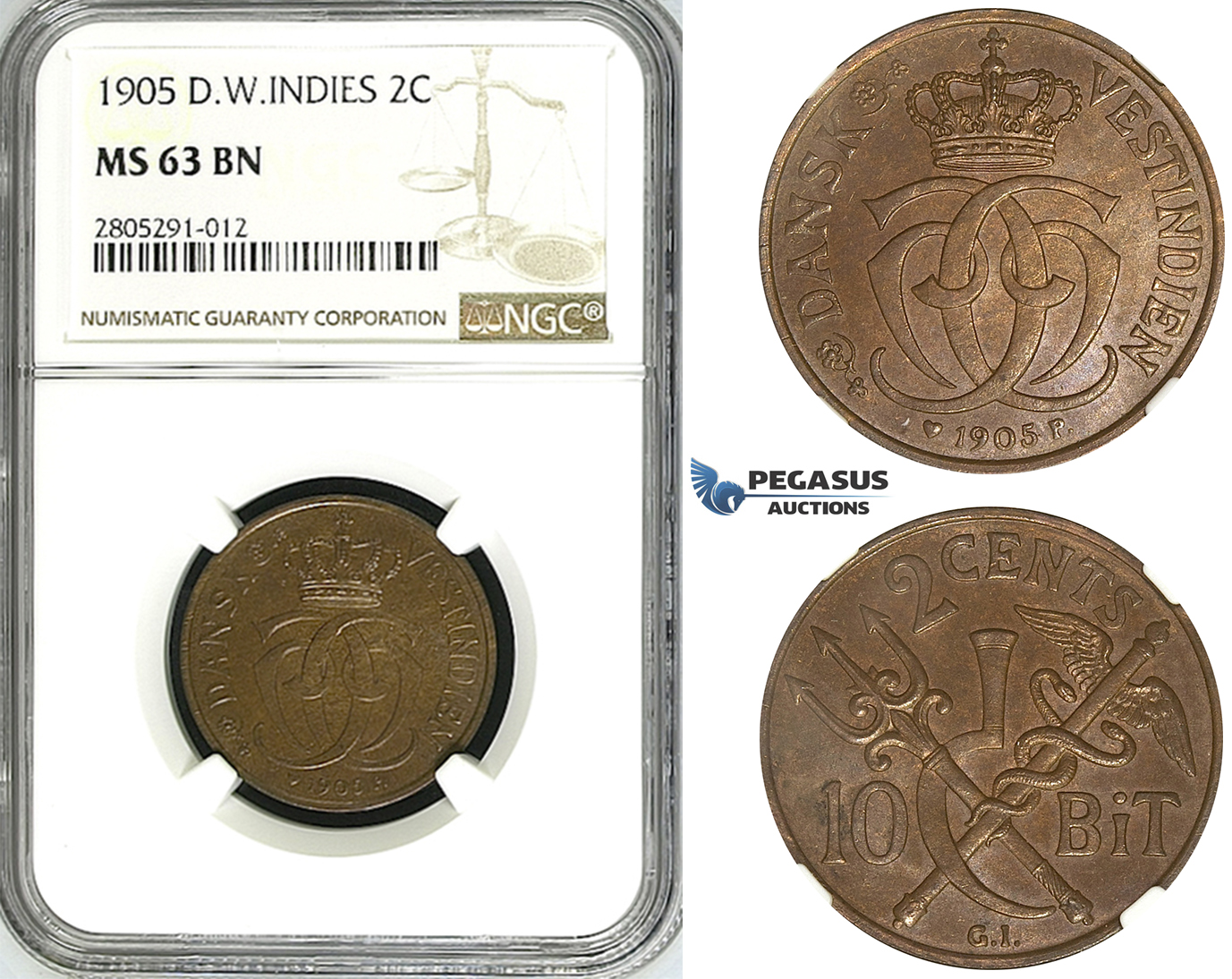 ZI37, Danish West Indies, Christian IX, 2 Cents (10 Bit) 1905, Copenhagen, NGC MS63BN