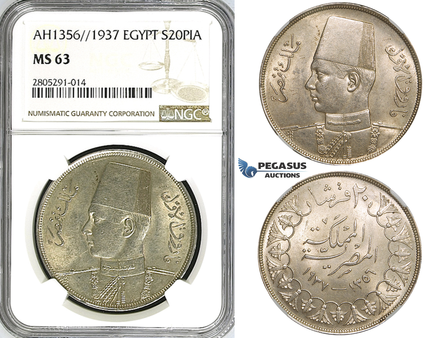 ZI39, Egypt, Farouk, 20 Piastres AH1356 / 1937, Silver, NGC MS63