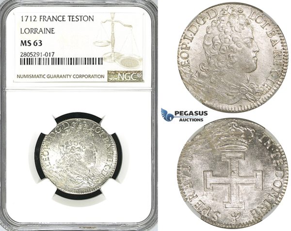 ZI43, France, Lorraine, Leopold I, Teston 1712, Silver, NGC MS63