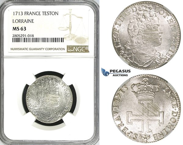 ZI44, France, Lorraine, Leopold I, Teston 1713, Silver, NGC MS63