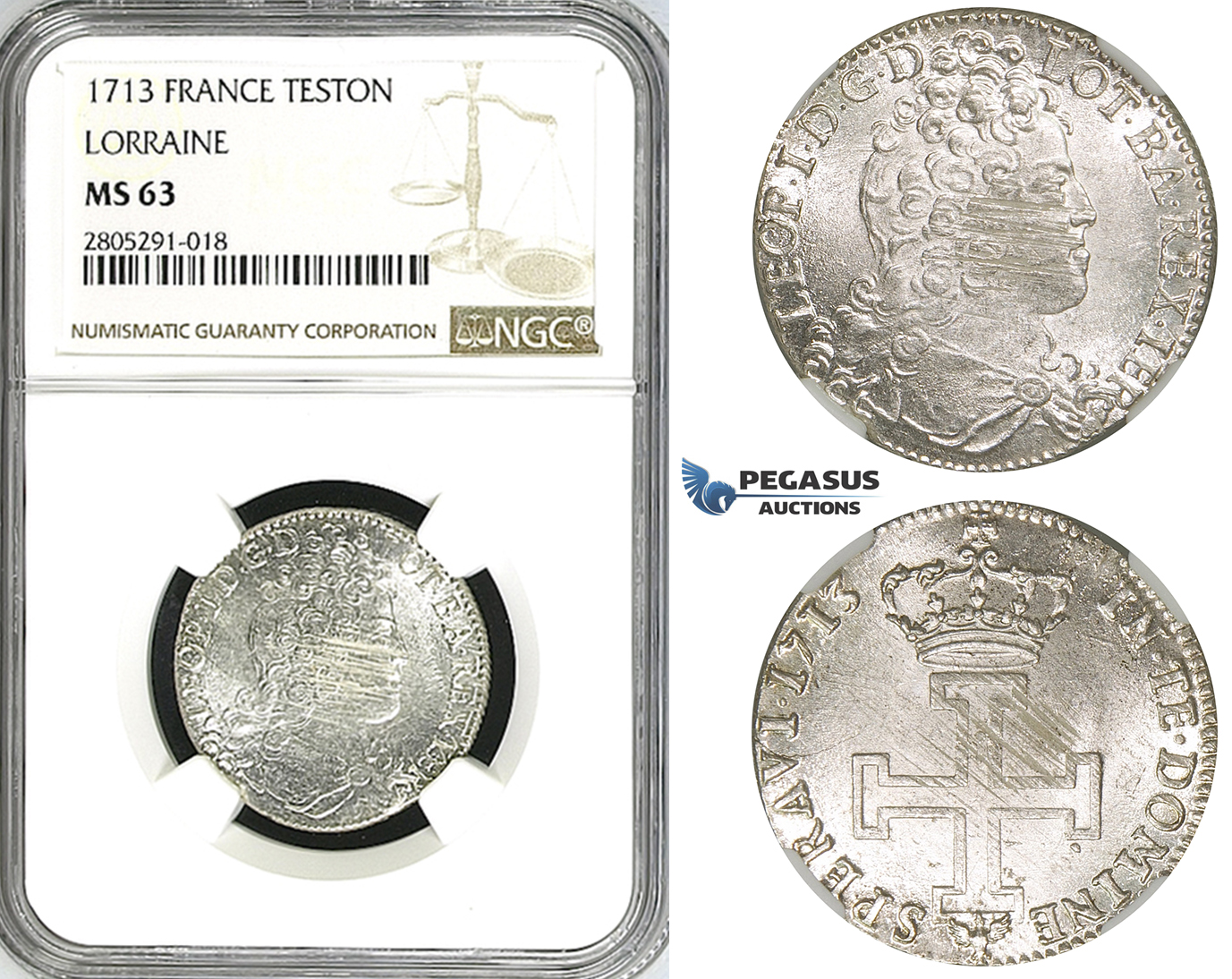 ZI44, France, Lorraine, Leopold I, Teston 1713, Silver, NGC MS63