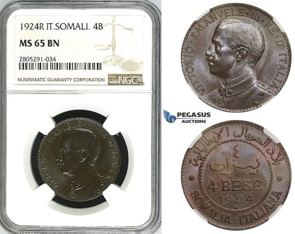 ZI59, Italian Somaliland, Vit. Emanuele III, 4 Bese 1924-R, Rome, NGC MS65BN, Pop 1/0, Finest! Rare!