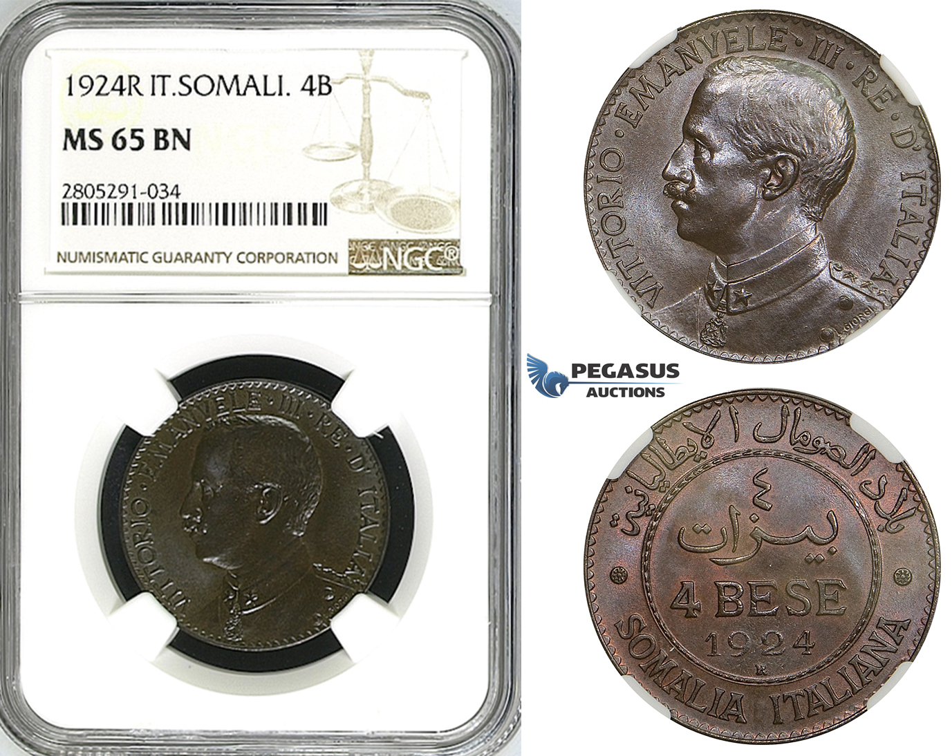 ZI59, Italian Somaliland, Vit. Emanuele III, 4 Bese 1924-R, Rome, NGC MS65BN, Pop 1/0, Finest! Rare!
