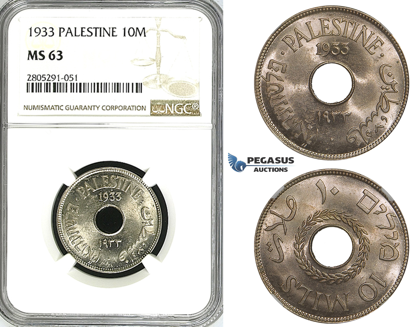 ZI60, Palestine, 10 Mils 1933, London, NGC MS63