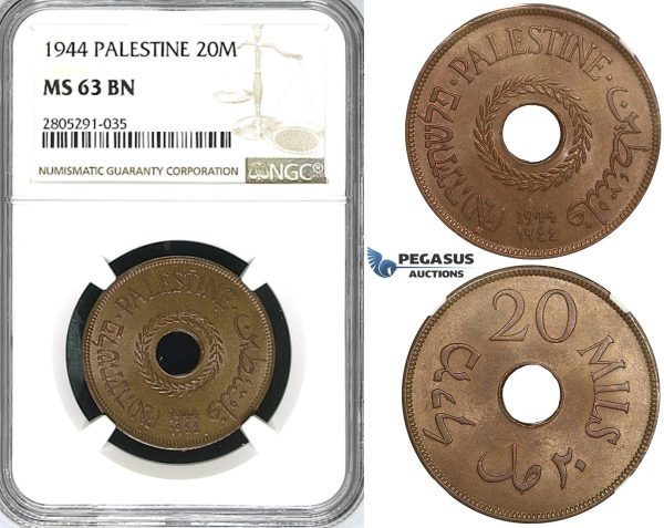 ZI61, Palestine, 20 Mils 1944, London, NGC MS63