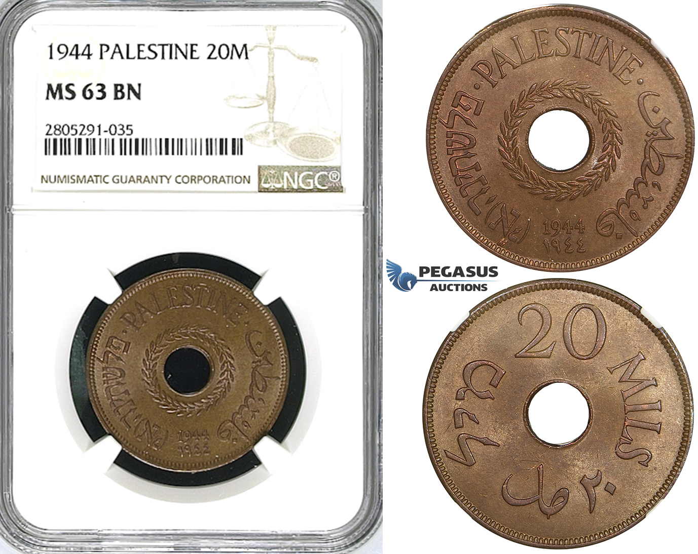 ZI61, Palestine, 20 Mils 1944, London, NGC MS63