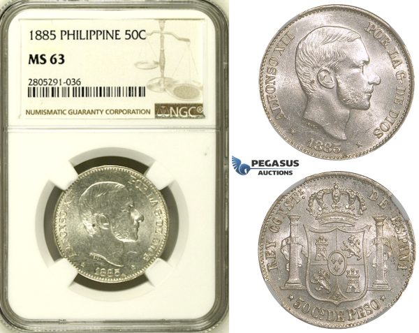 ZI62, Philippines (Spanish) Alfonso XII, 50 C. de Peso 1885, Silver, NGC MS63
