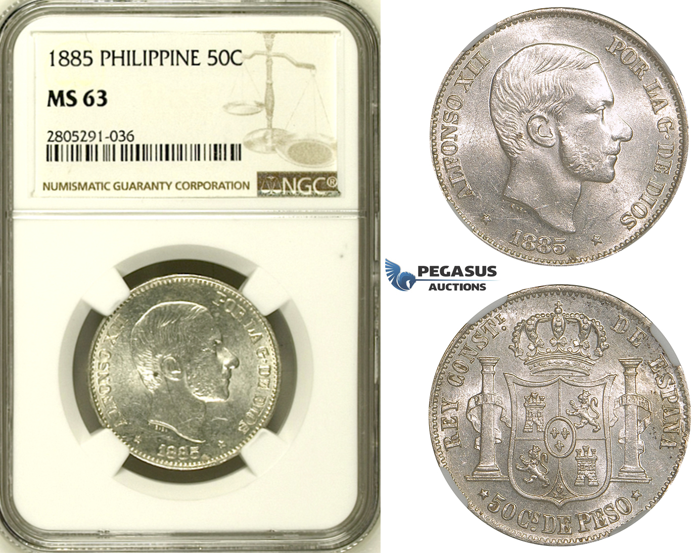 ZI62, Philippines (Spanish) Alfonso XII, 50 C. de Peso 1885, Silver, NGC MS63