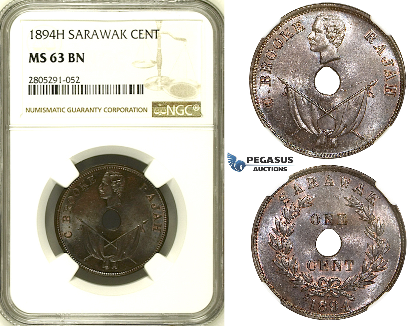 ZI74, Sarawak, C. Brooke Rajah, 1 Cent 1894-H, Heaton, NGC MS63BN